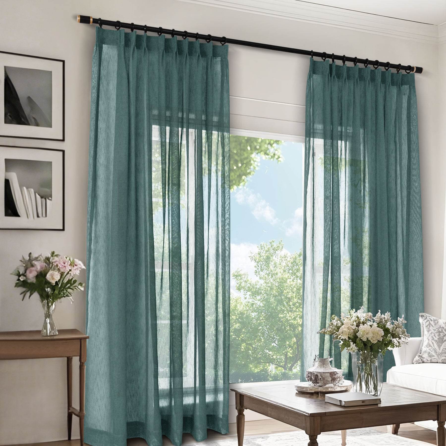 B11 Sheer Vertical Stripe Linen Blend Light Filtering Curtain Pinch Pleat - Cololeaf