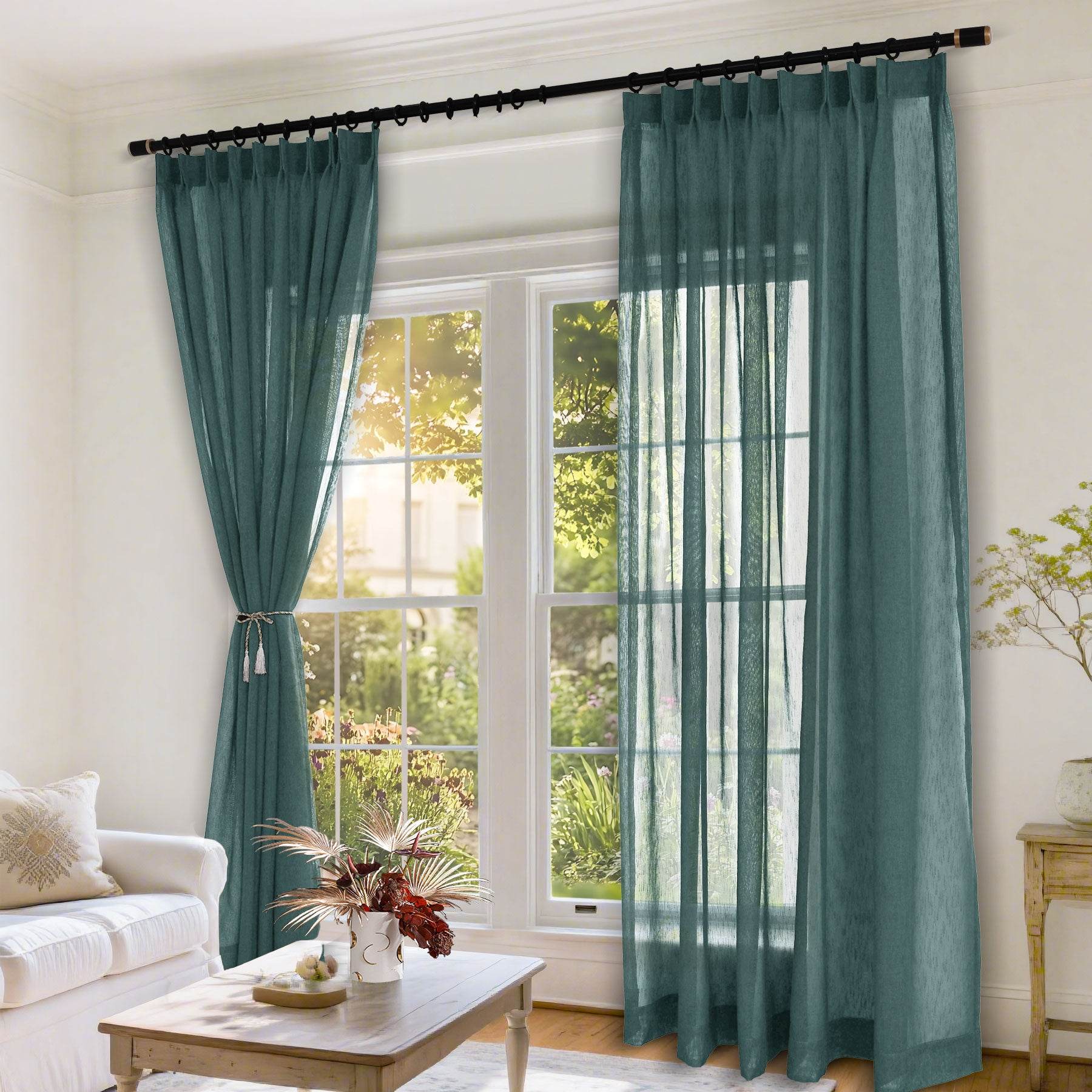 B11 Sheer Vertical Stripe Linen Blend Light Filtering Curtain Pinch Pleat - Cololeaf