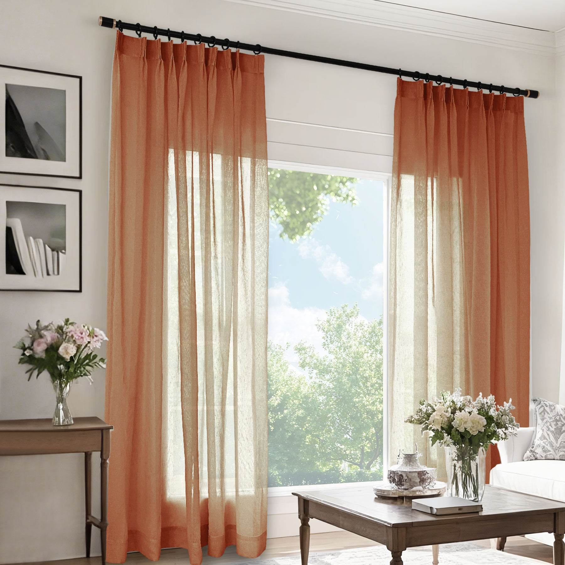 B11 Sheer Vertical Stripe Linen Blend Light Filtering Curtain Pinch Pleat - Cololeaf