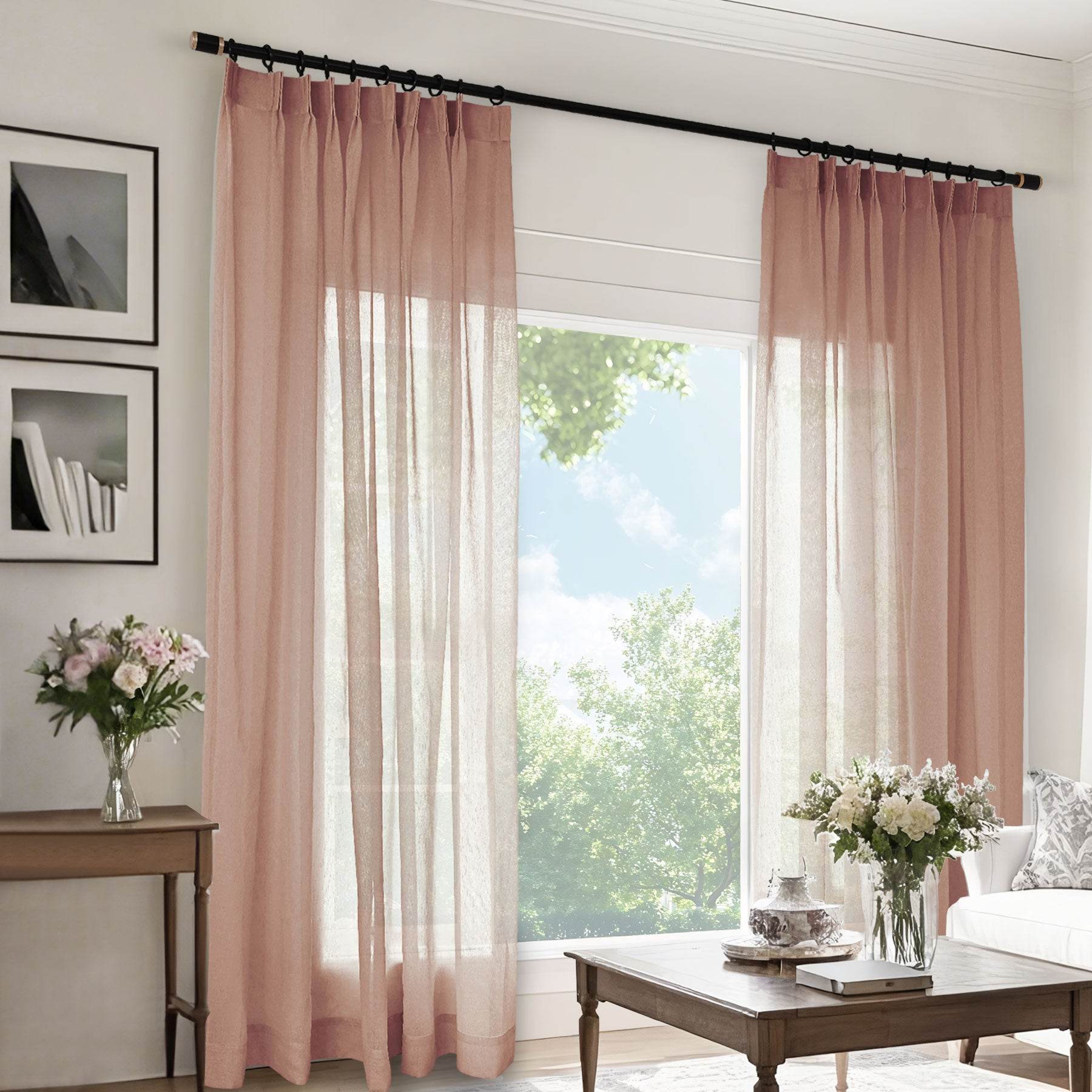 B11 Sheer Vertical Stripe Linen Blend Light Filtering Curtain Pinch Pleat - Cololeaf