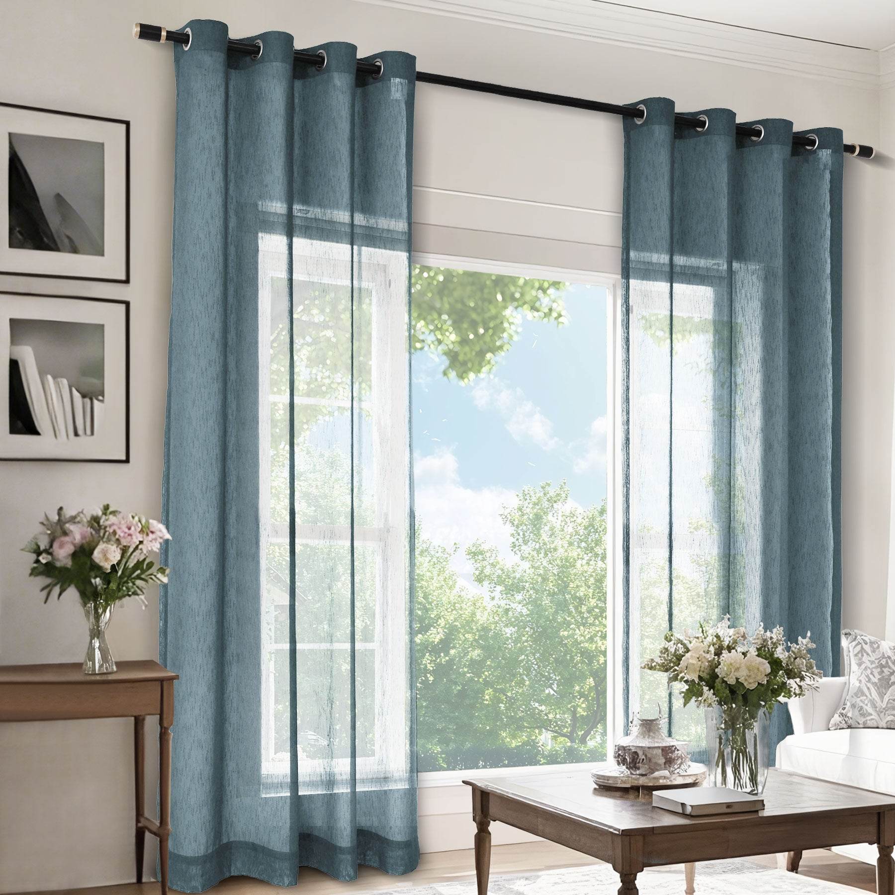 B11 Sheer Vertical Stripe Linen Blend Light Filtering Curtain Grommet - Cololeaf