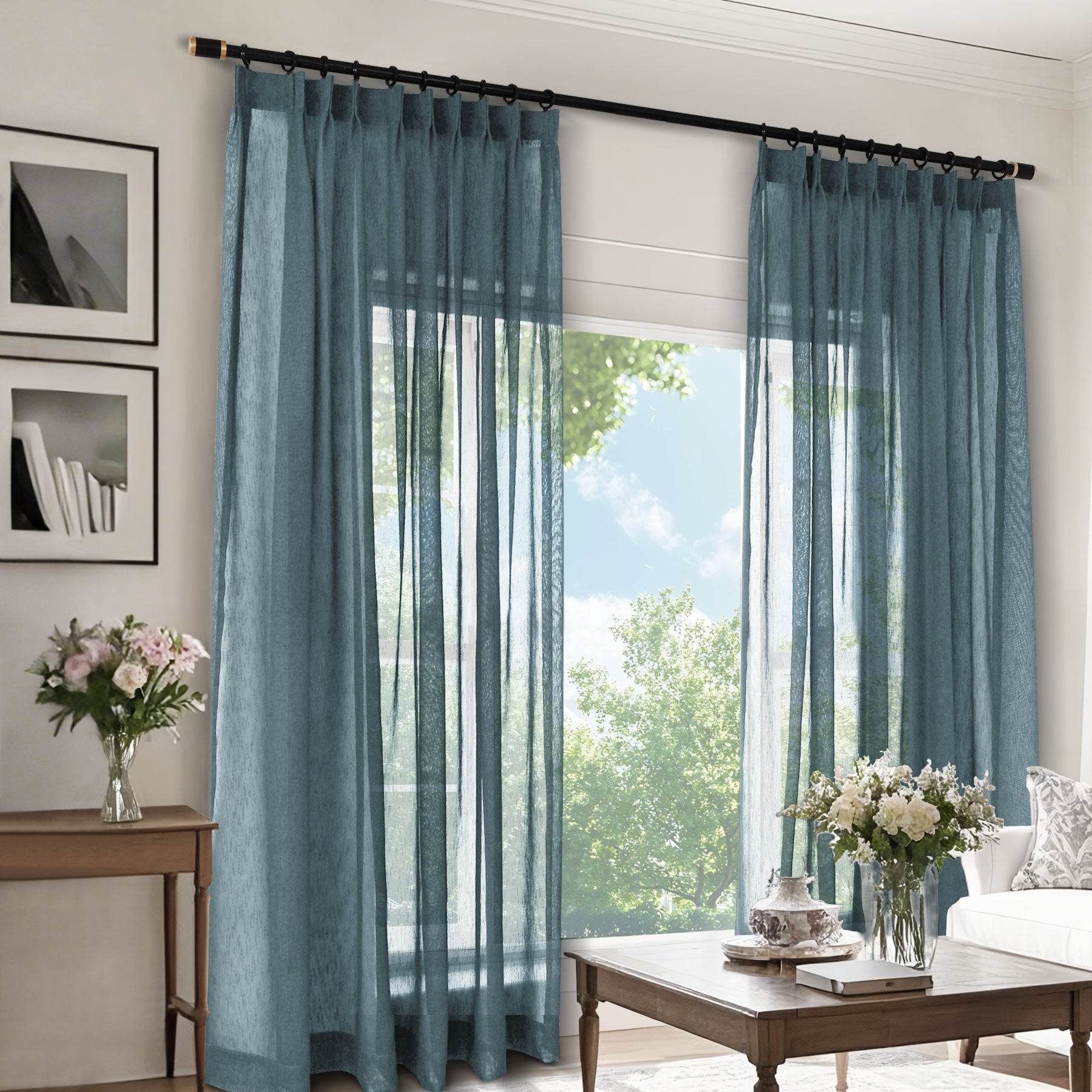 B11 Sheer Vertical Stripe Linen Blend Light Filtering Curtain Pinch Pleat - Cololeaf