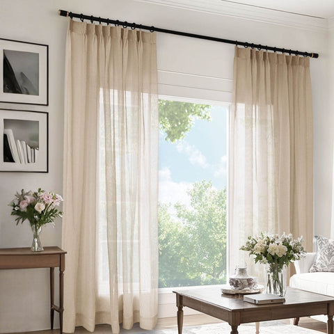 B11 Sheer Vertical Stripe Linen Blend Light Filtering Curtain Pinch Pleat - Cololeaf