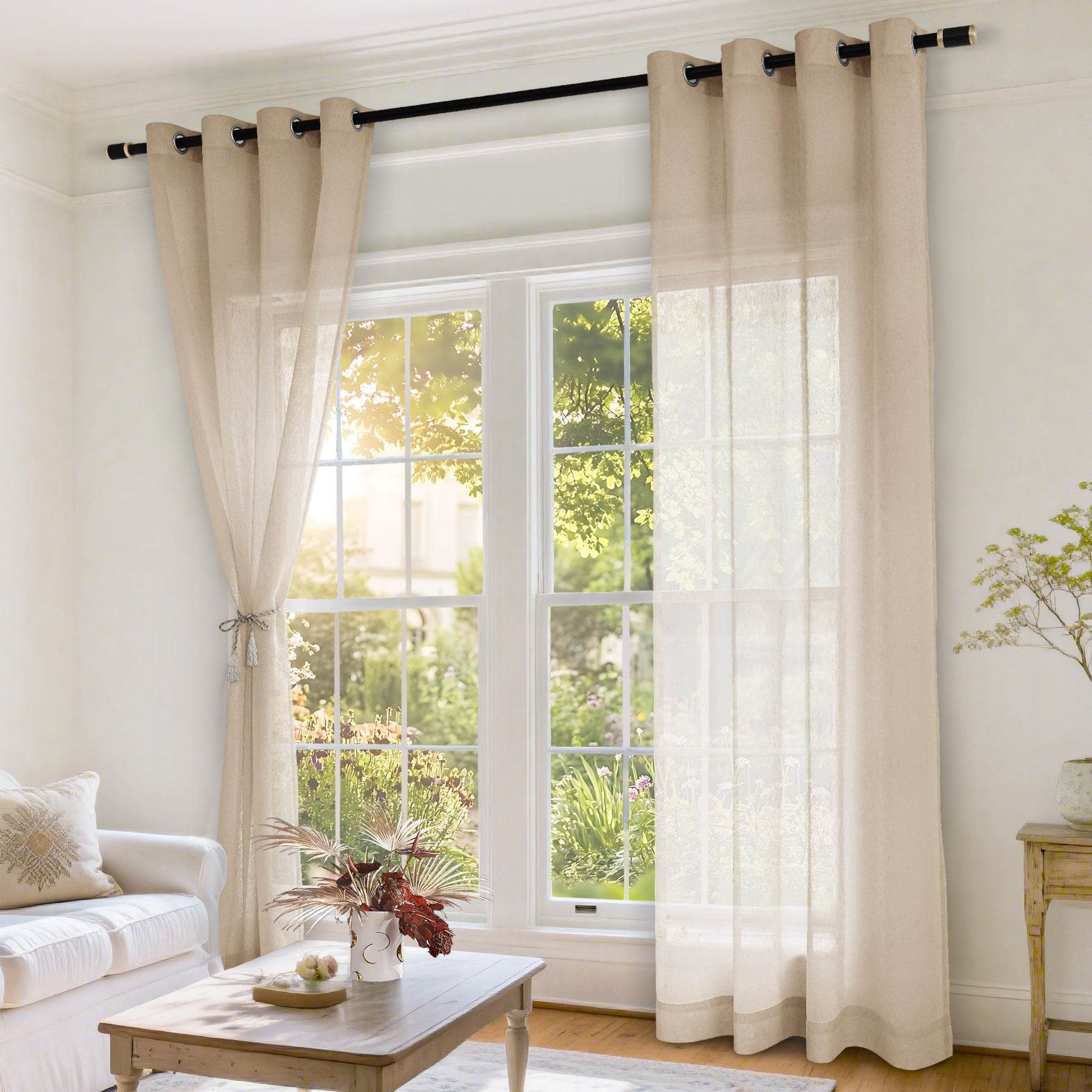 B11 Sheer Vertical Stripe Linen Blend Light Filtering Curtain Grommet - Cololeaf