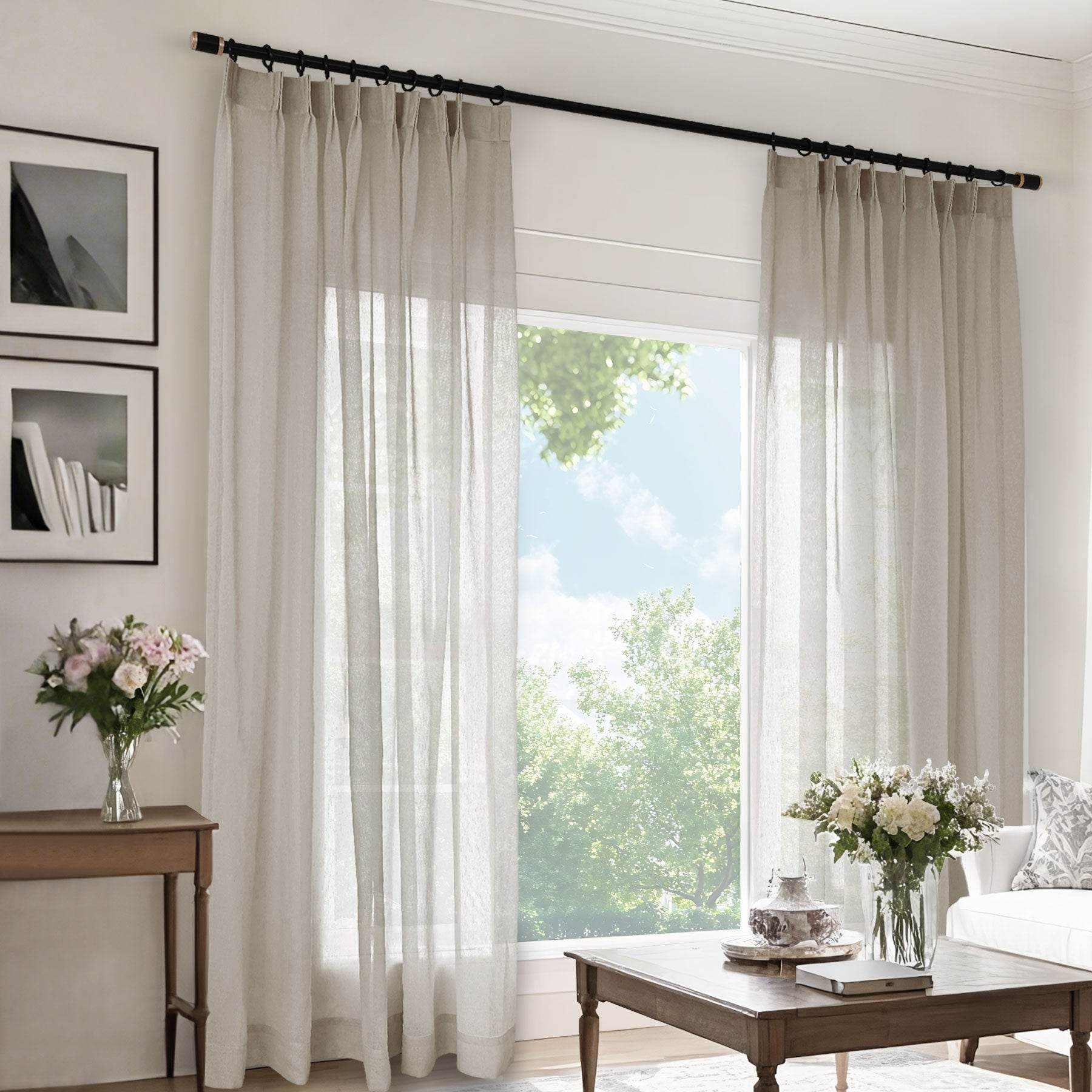 B11 Sheer Vertical Stripe Linen Blend Light Filtering Curtain Pinch Pleat - Cololeaf