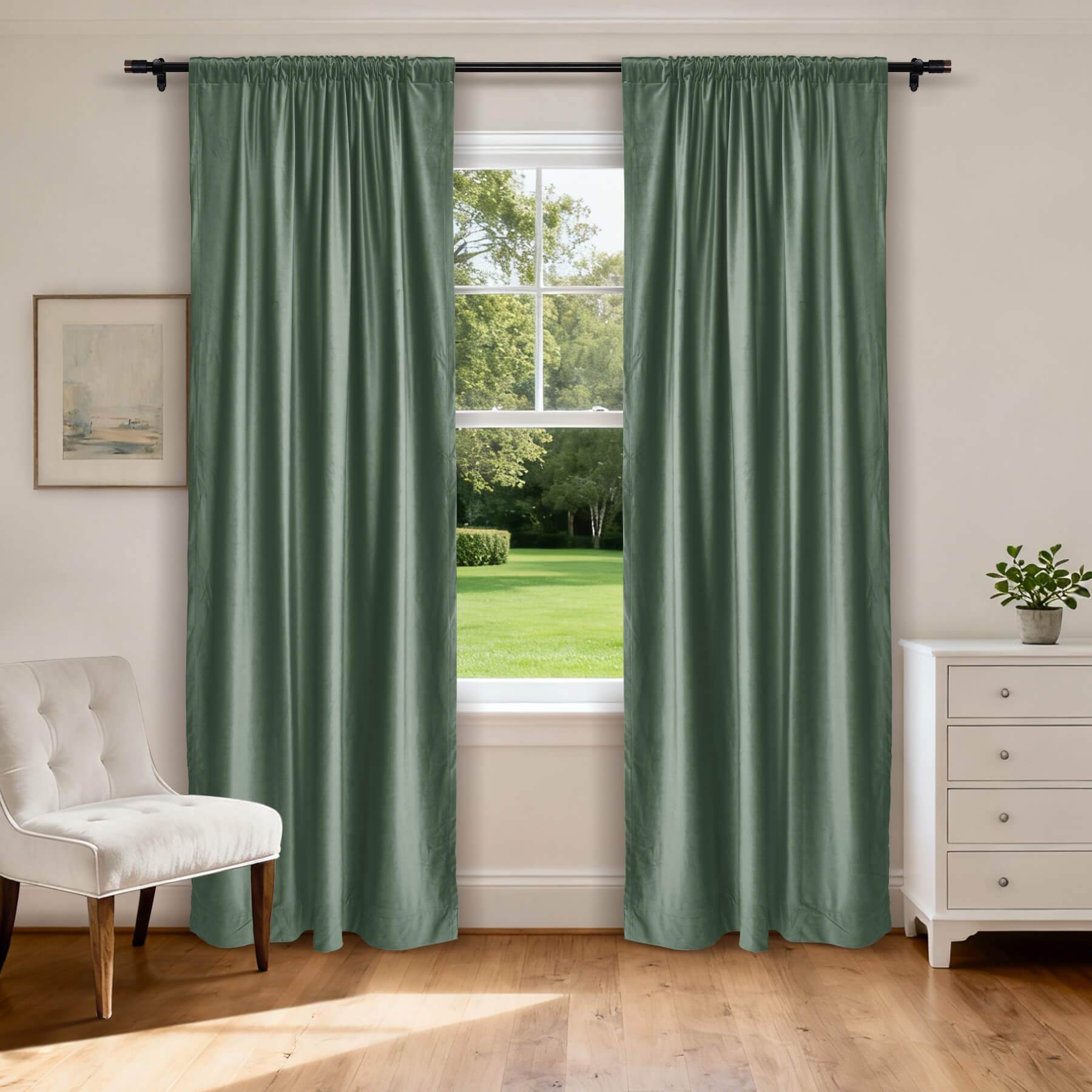 MJ11 Soft Soundproof Luxury Velvet Blackout Drapes Back Tab and Rod Pocket 2 In 1 - Cololeaf -- 107# Moss