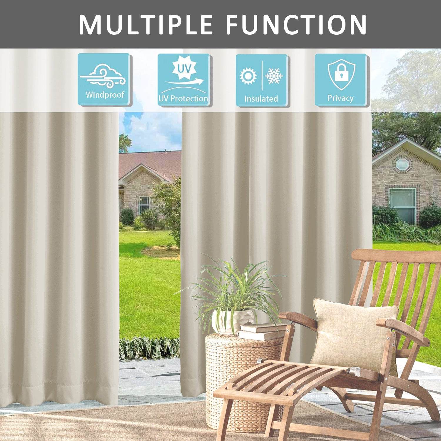 Rose Outdoor Curtains, Waterproof Thermal Insulated Blackout, Tab Top Velcro Detachable - Cololeaf