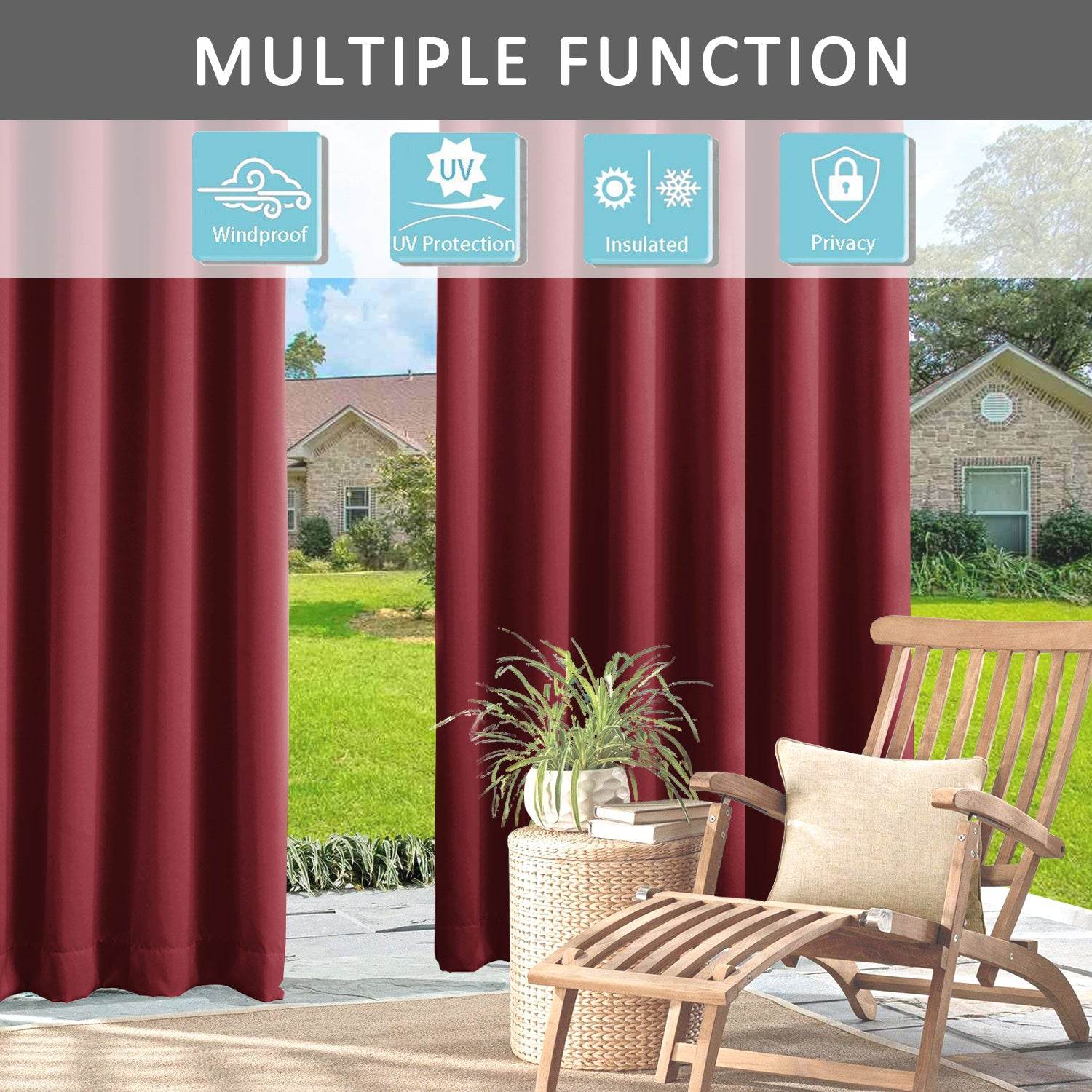 Rose Outdoor Curtains, Waterproof Thermal Insulated Blackout, Tab Top Velcro Detachable - Cololeaf
