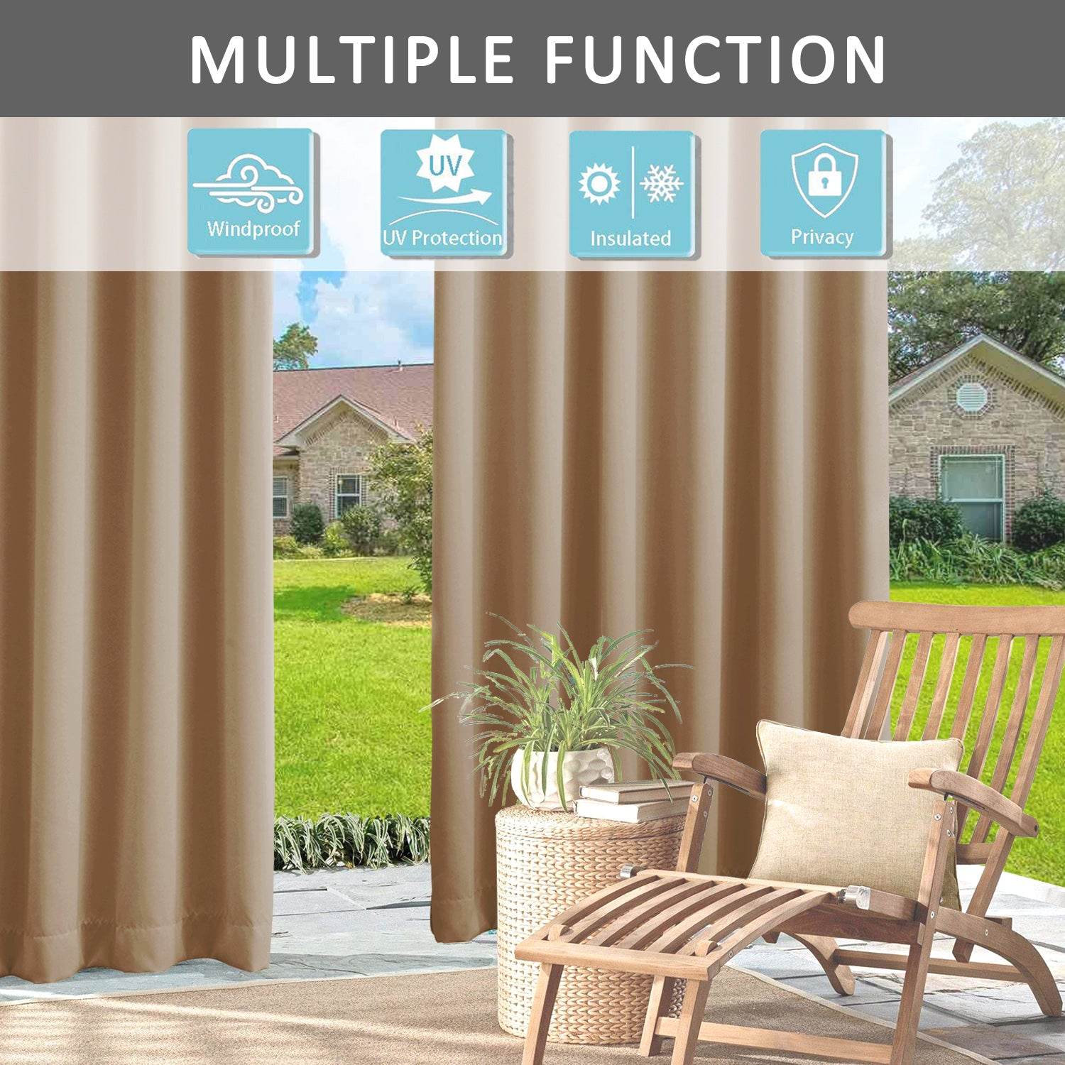 Rose Outdoor Curtains, Waterproof Thermal Insulated Blackout, Tab Top Velcro Detachable - Cololeaf